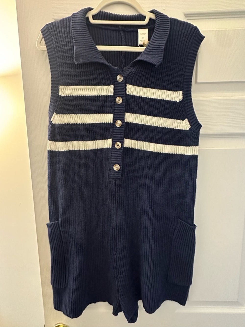 Navy Knit Collared Button-Up Romper with White Stripes